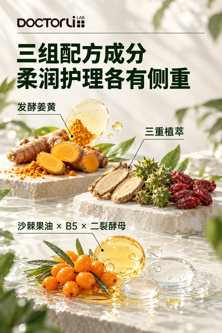 BEIYOUMIN Clear & Fortify Cream — Ingredient groups: fermented turmeric ingredients, three botanical extracts, and sea buckthorn oil with panthenol and bifida ferment.